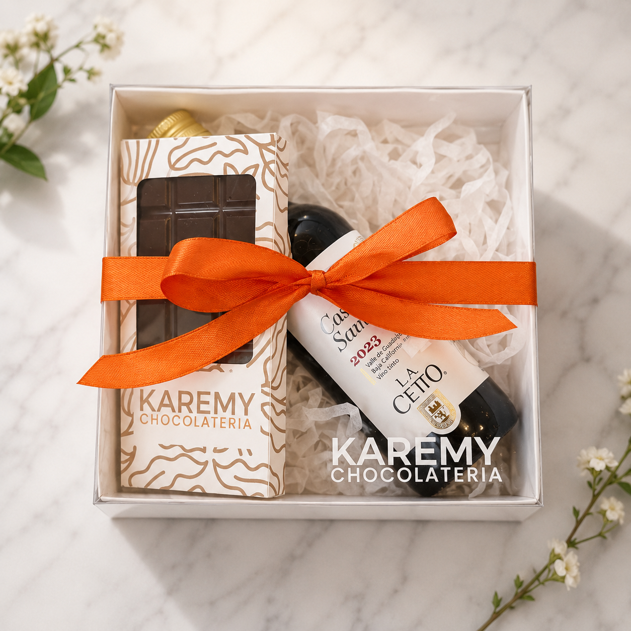 Caja de chocolate y vino